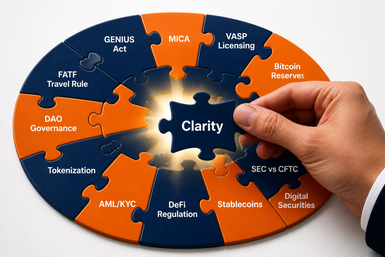 The regulatory puzzle — GENIUS Act, MiCA, VASP Licensing, Stablecoins, and more — with Clarity as the missing piece