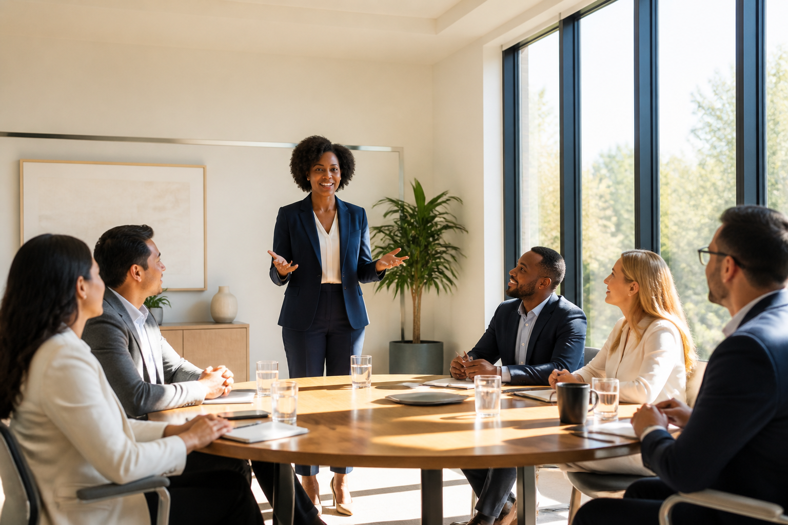 A diverse group of professionals engaged in a collaborative strategy session led by a confident Black woman advisor